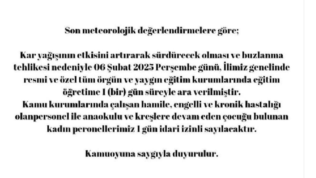 Sakarya'da Tüm okullar yoğun kar yağışı nedeniyle 06.02.2025 Perşembe günü tatil edilmiştir.