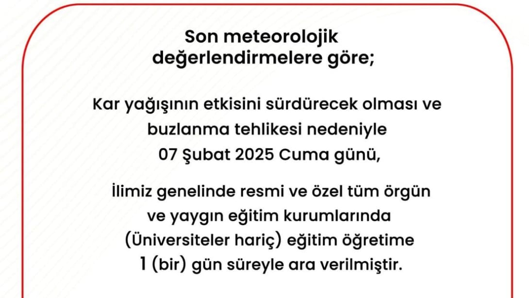 Sakarya'da Tüm okullar yoğun kar yağışı nedeniyle 07.02.2025 Cuma günü tatil edilmiştir.